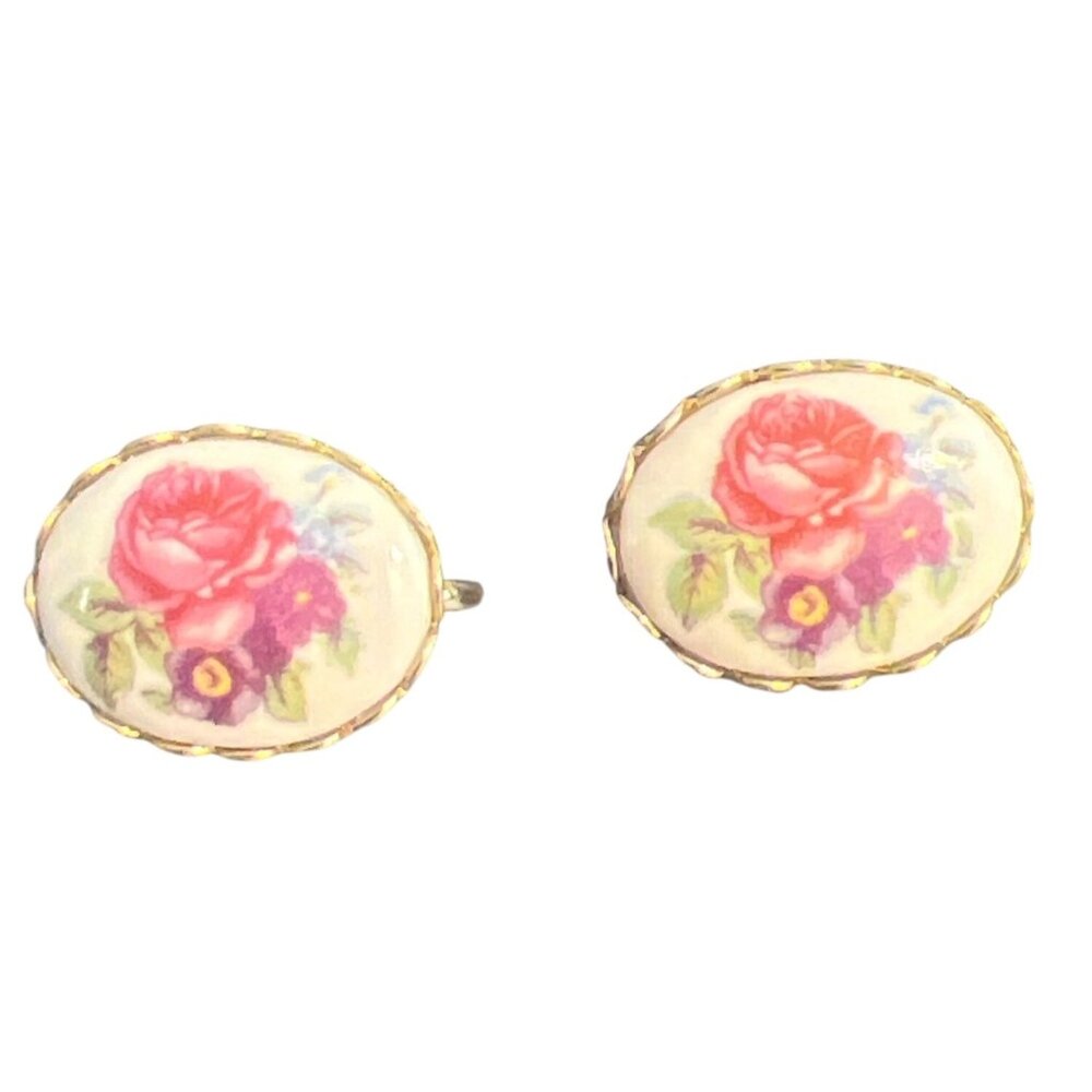Vintage Ceramic Porcelain Clip on Earrings Transferware Gold Plated Scallop Edge